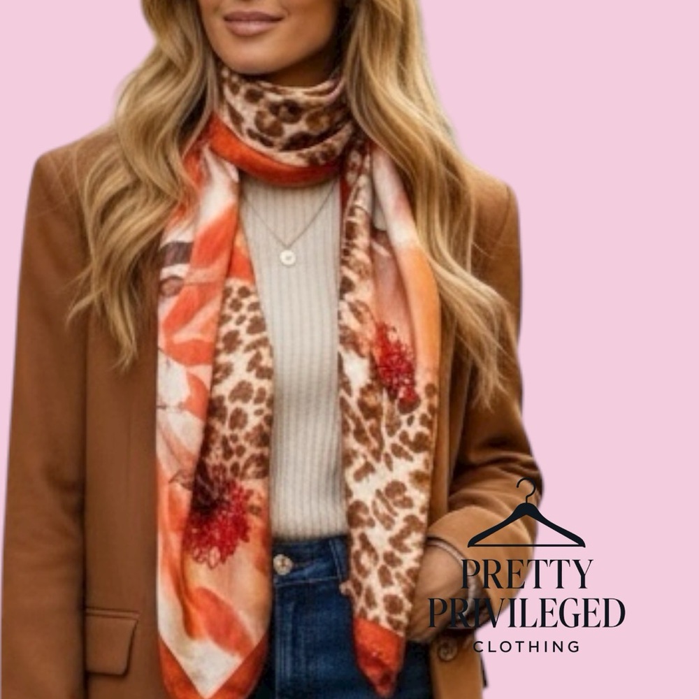 Floral & Leopard Print Silk Scarf